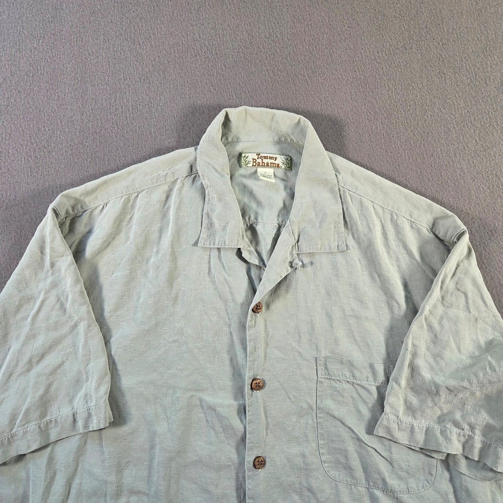 Tommy Bahama Shirt Mens Large Blue Silk Hawaiian Loop Collar Camp Beach Grid